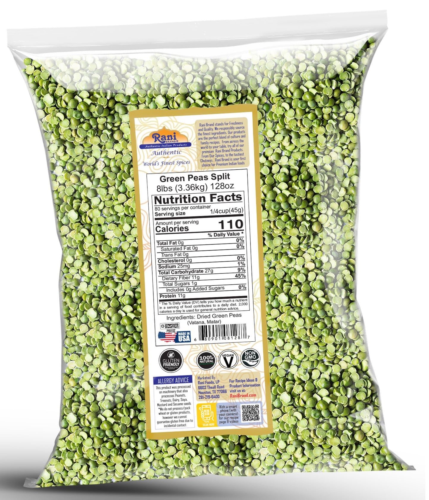 Rani Green Peas Split, Dried (Vatana, Matar) 128Oz (8Lbs) 3.63Kg Bulk ~ All Natural | Vegan | Kosher | Gluten Friendly | Product