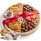 KREMERY Creamy Chocolate Cravings - Valentines Day Chocolate Covered Pretzels & Nuts Gift Basket, in Reusable Round Wooden Tray 