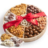 KREMERY Creamy Chocolate Cravings - Valentines Day Chocolate Covered Pretzels & Nuts Gift Basket, in Reusable Round Wooden Tray 