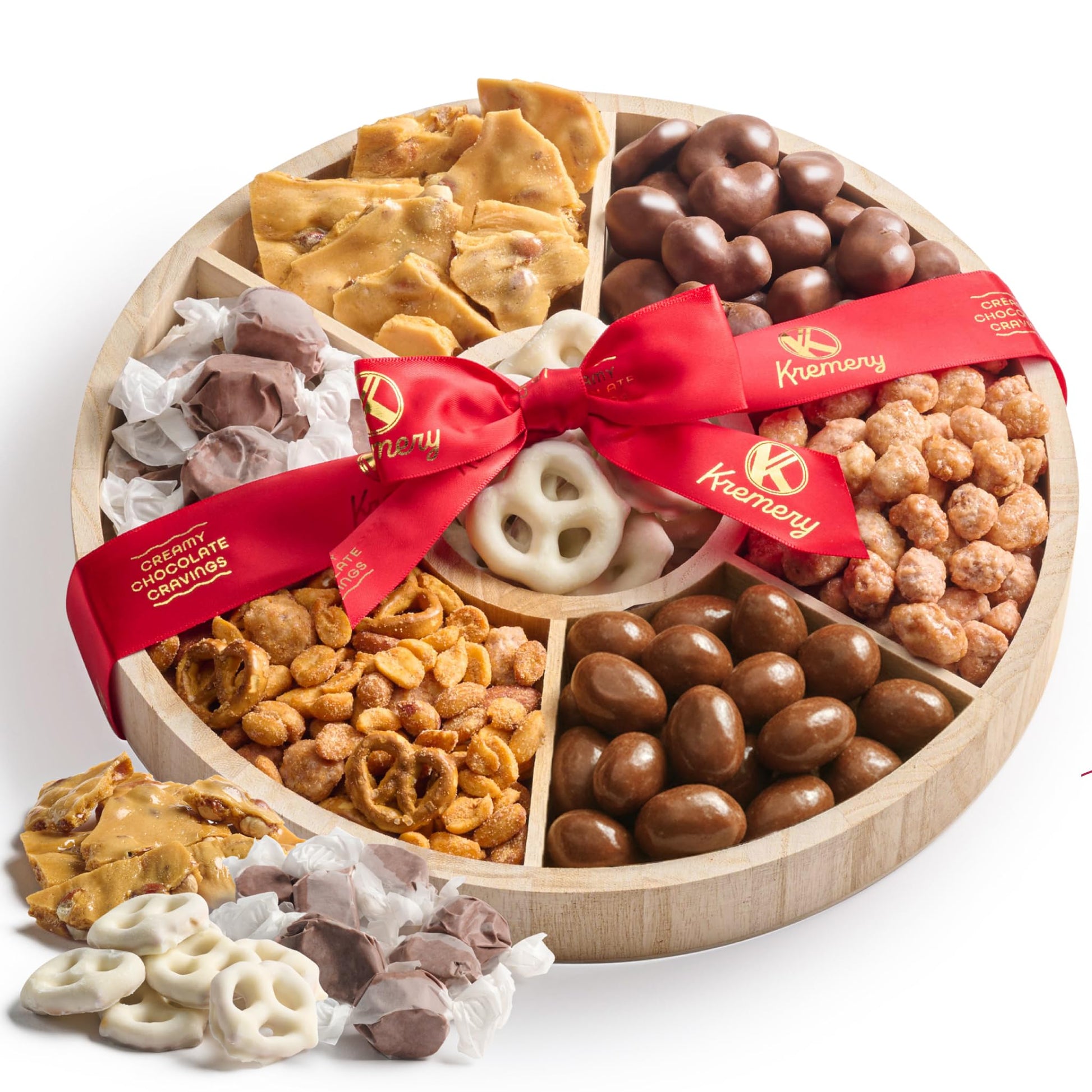 KREMERY Creamy Chocolate Cravings - Valentines Day Chocolate Covered Pretzels & Nuts Gift Basket, in Reusable Round Wooden Tray 