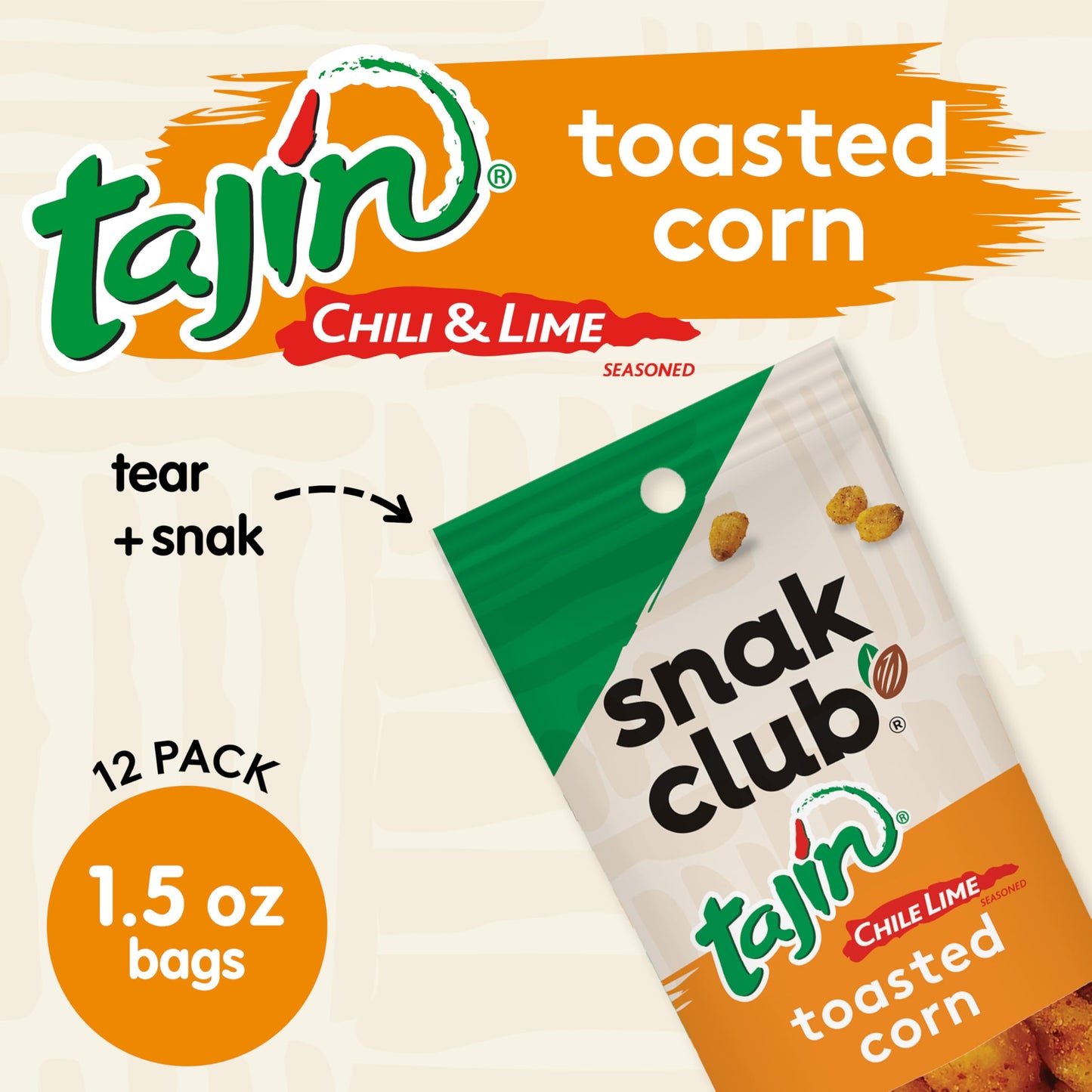 Snak Club Tajin Toasted Corn, Roasted Corn Nuggets with Chili and Lime Seasoning, Mild, Non-GMO, Gluten-Free, Kosher Snack, 1.5