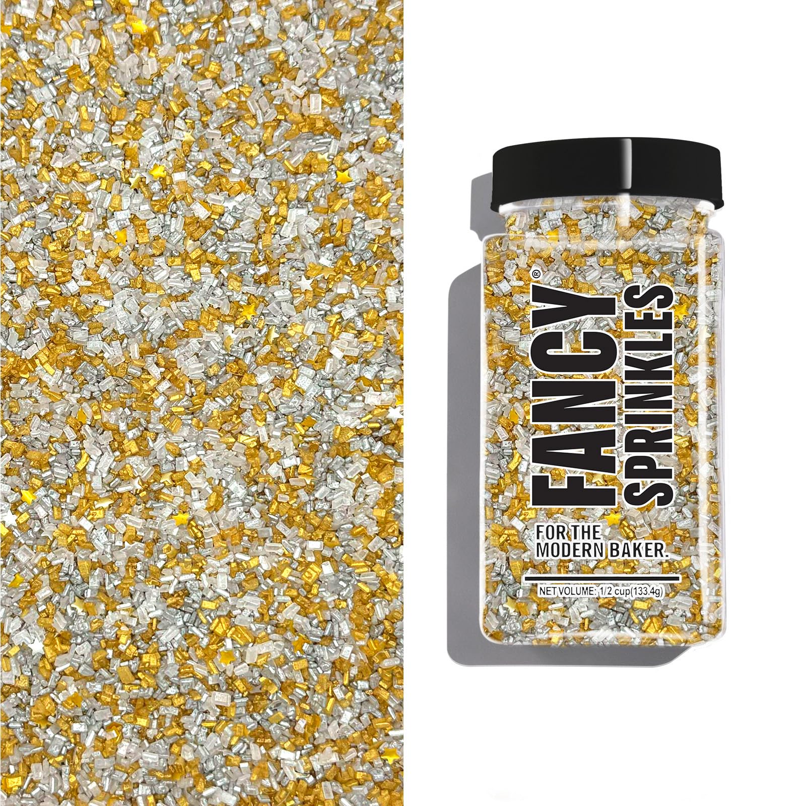Fancy Sprinkles Filthy Rich Fancy Sugar Silver and Gold Pearlescent Sugar Crystals Flecked with Silver and Gold Mini Edible Glit
