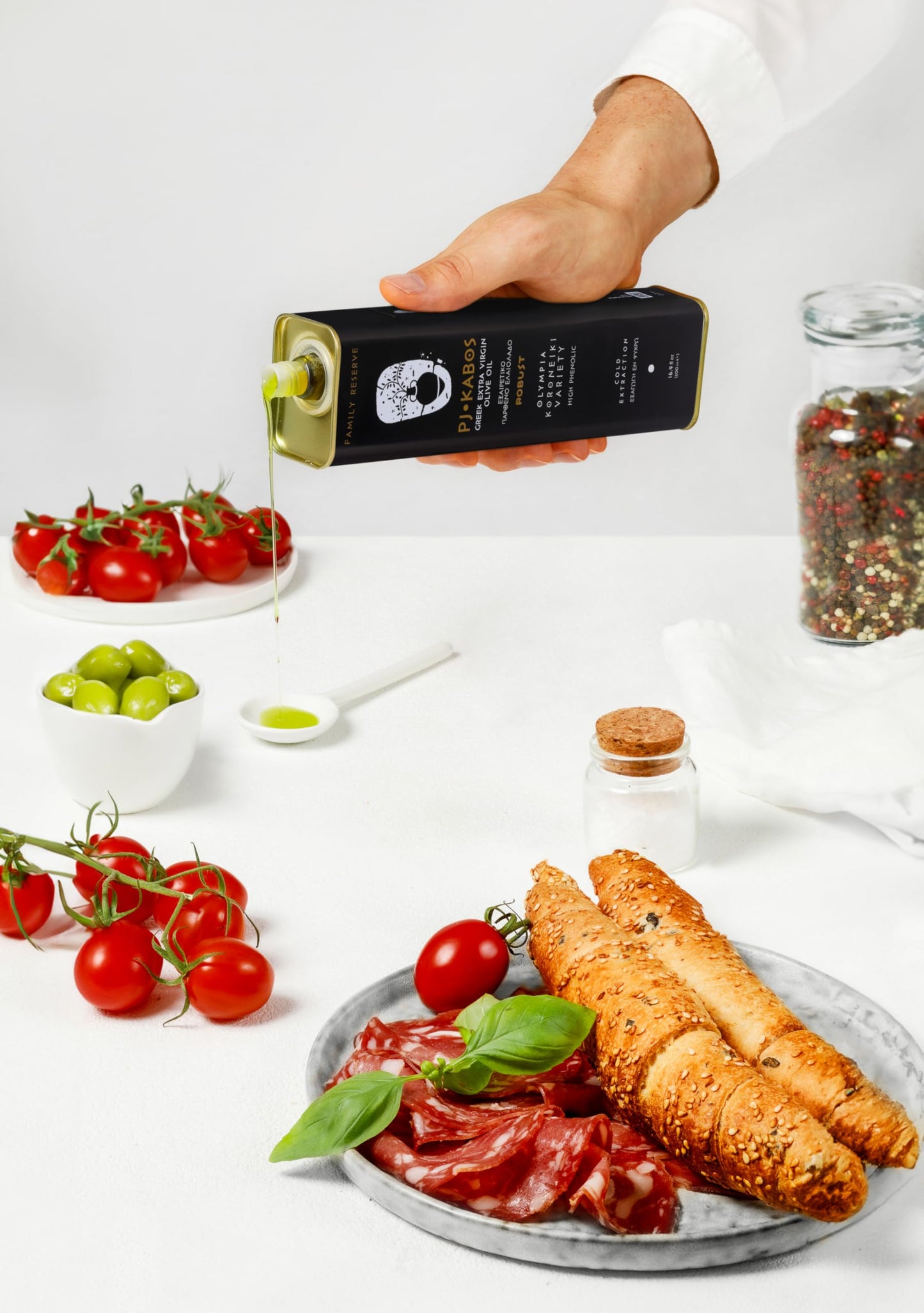 P.J. Kabos 2024/25 Harvest, Very High Phenolic (750+Mg/Kg), Natural Greek Extra Virgin Olive Oil, Kosher, Greece, Cold Extracted, 16.9 Oz Tin, Family Reserve - Robust (3-Pack)