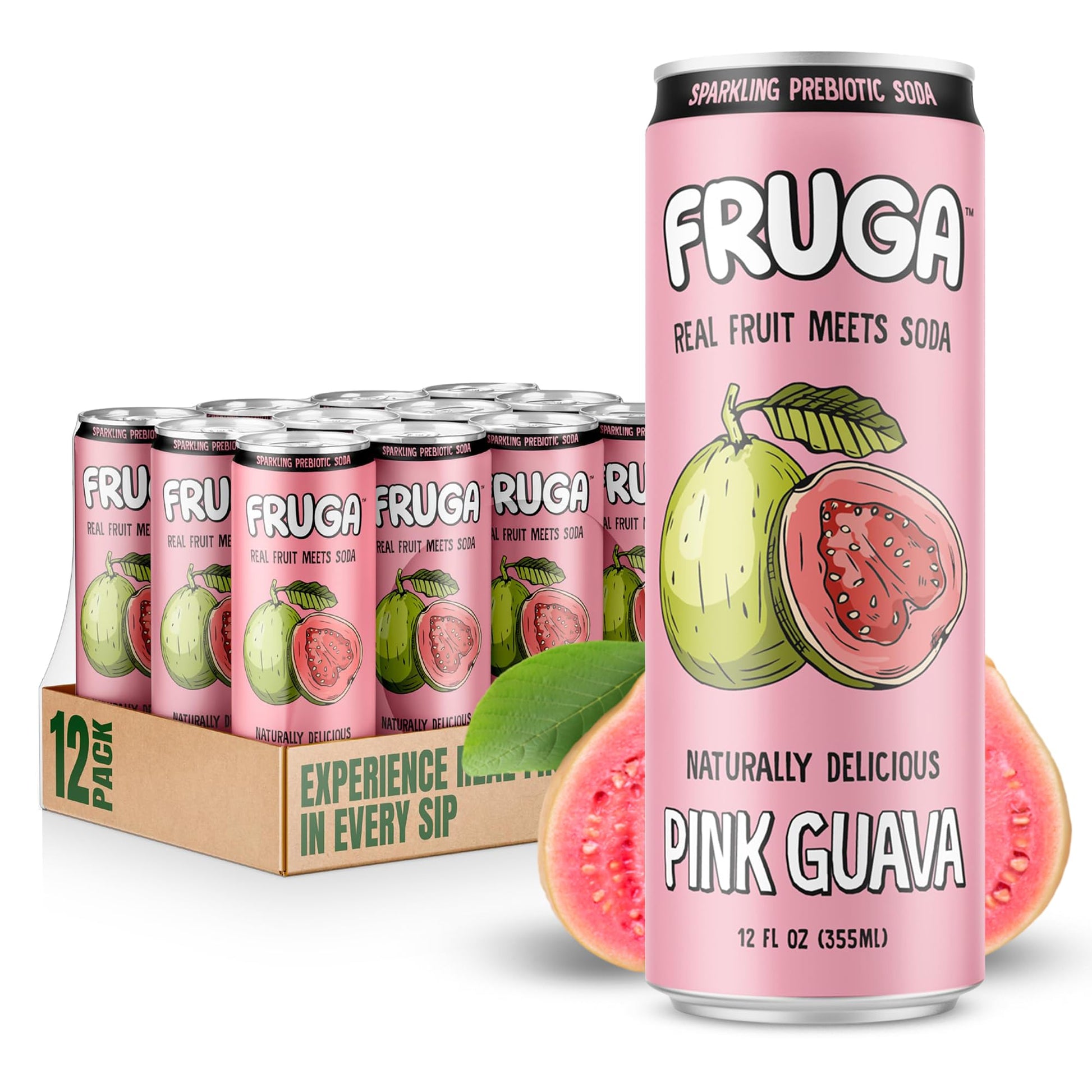 FRUGA Sparkling Fruit Soda, Prebiotic, Low Calorie, 12 Fl Oz, Pack of 12