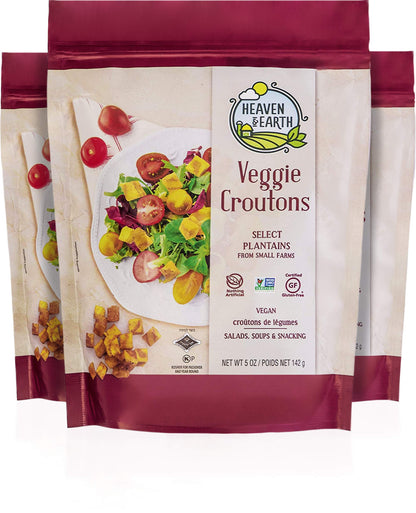 Heaven & Earth Veggie Croutons, 5oz (3 Pack) Gluten Free, Made from Plantains, Nothing Artificial, Great for Salads, Soups & Sna