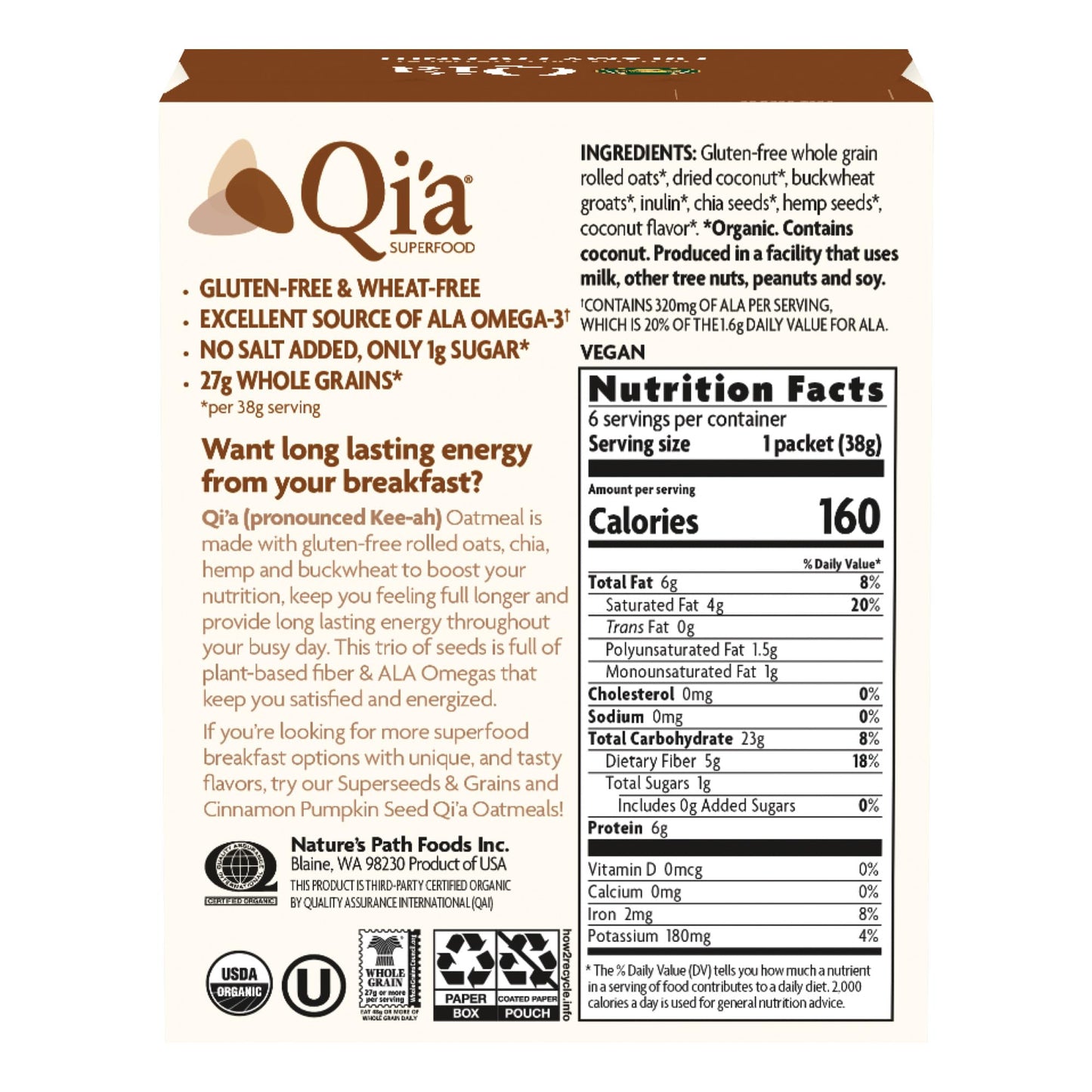 Natures Path Organic Qia Creamy Coconut Instant Oatmeal, 8 oz (Pack of 2), Gluten Free, Non-GMO
