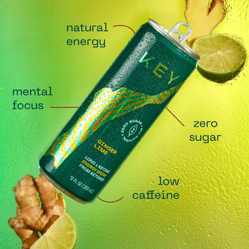 KEY Ketone Energy Drink - Sugar Free, 80mg Caffeine, 11.5g Ketones, Green Tea & L-Theanine, Ginger Lime, 12 Pack