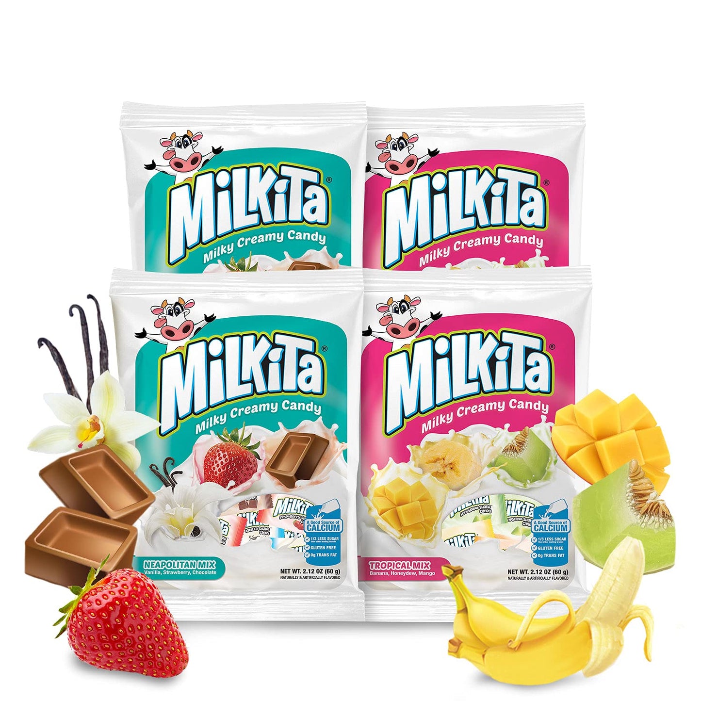 Milkita Creamy Shake Candy Pack Of 4, Gluten Free Chewy Candies With Calcium & Real Milk, Zero Trans Fat, Low-Sugar, Assorted Neapolitan Flavors (Vanilla, Strawberry, Chocolate) & Tropical Flavors (Banana, Honeydew, Mango), 120 Pcs
