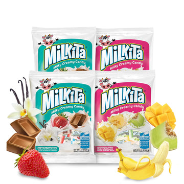 Milkita Creamy Shake Candy Pack Of 4, Gluten Free Chewy Candies With Calcium & Real Milk, Zero Trans Fat, Low-Sugar, Assorted Neapolitan Flavors (Vanilla, Strawberry, Chocolate) & Tropical Flavors (Banana, Honeydew, Mango), 120 Pcs