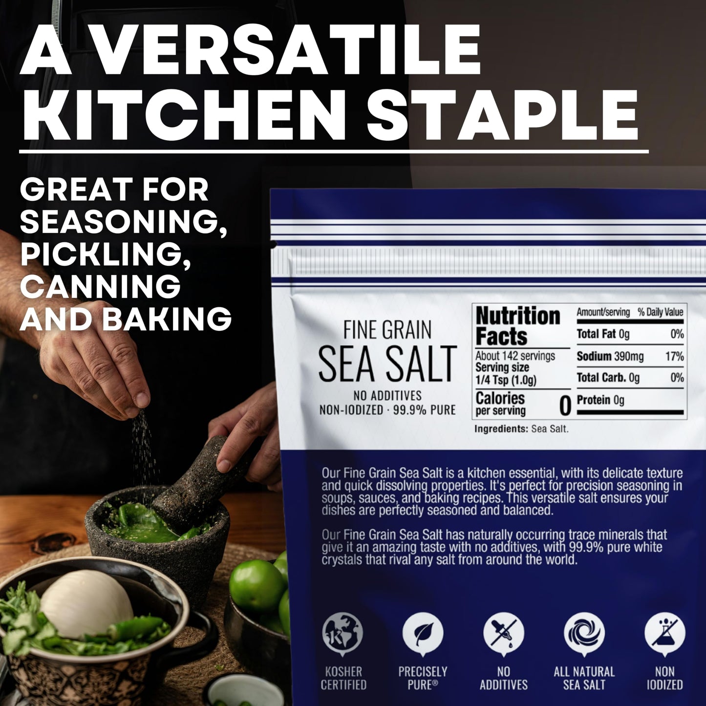 Sea Salt Superstore Fine Grain Sea Salt, Non-Iodized, 5 oz Bag, White