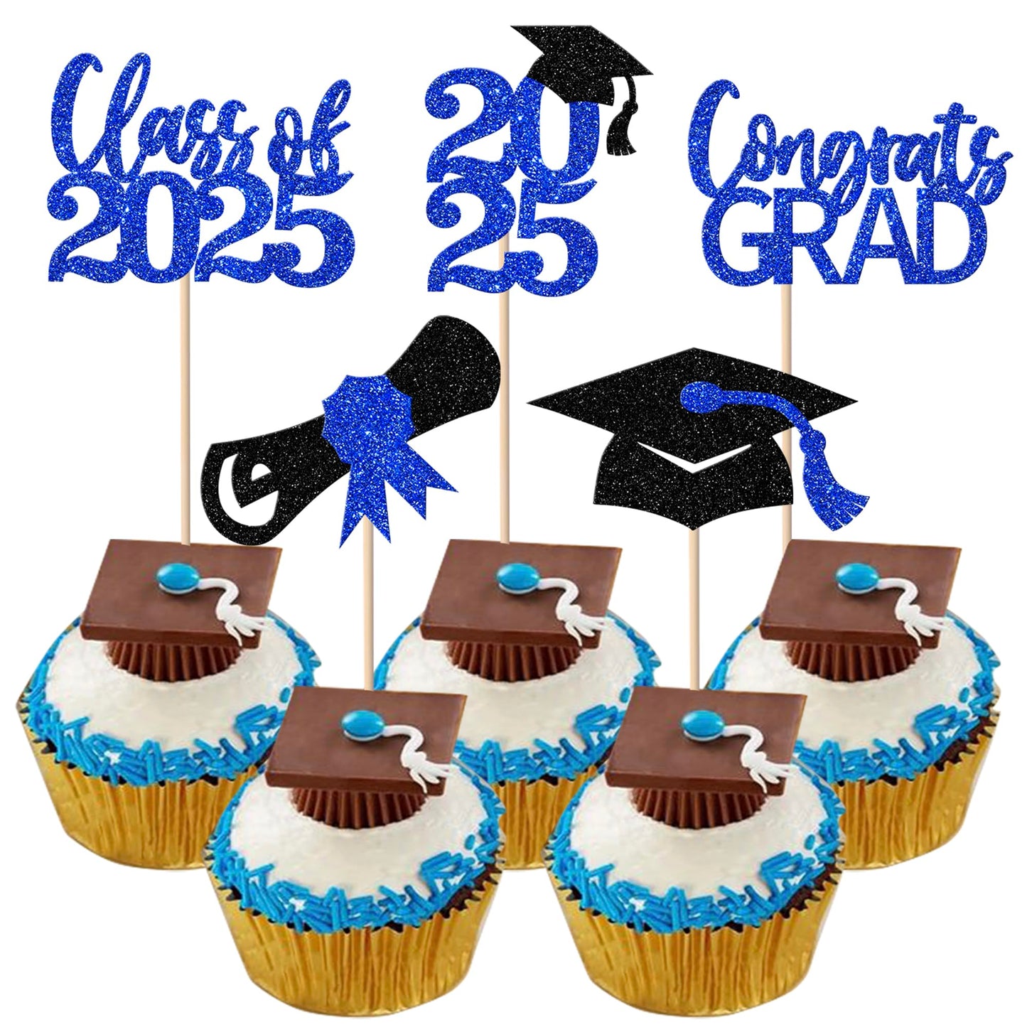 YCTHUNFISH 30 Pack Graduation Cupcake Toppers Glitter Class of 2025 Black Blue Bamboo