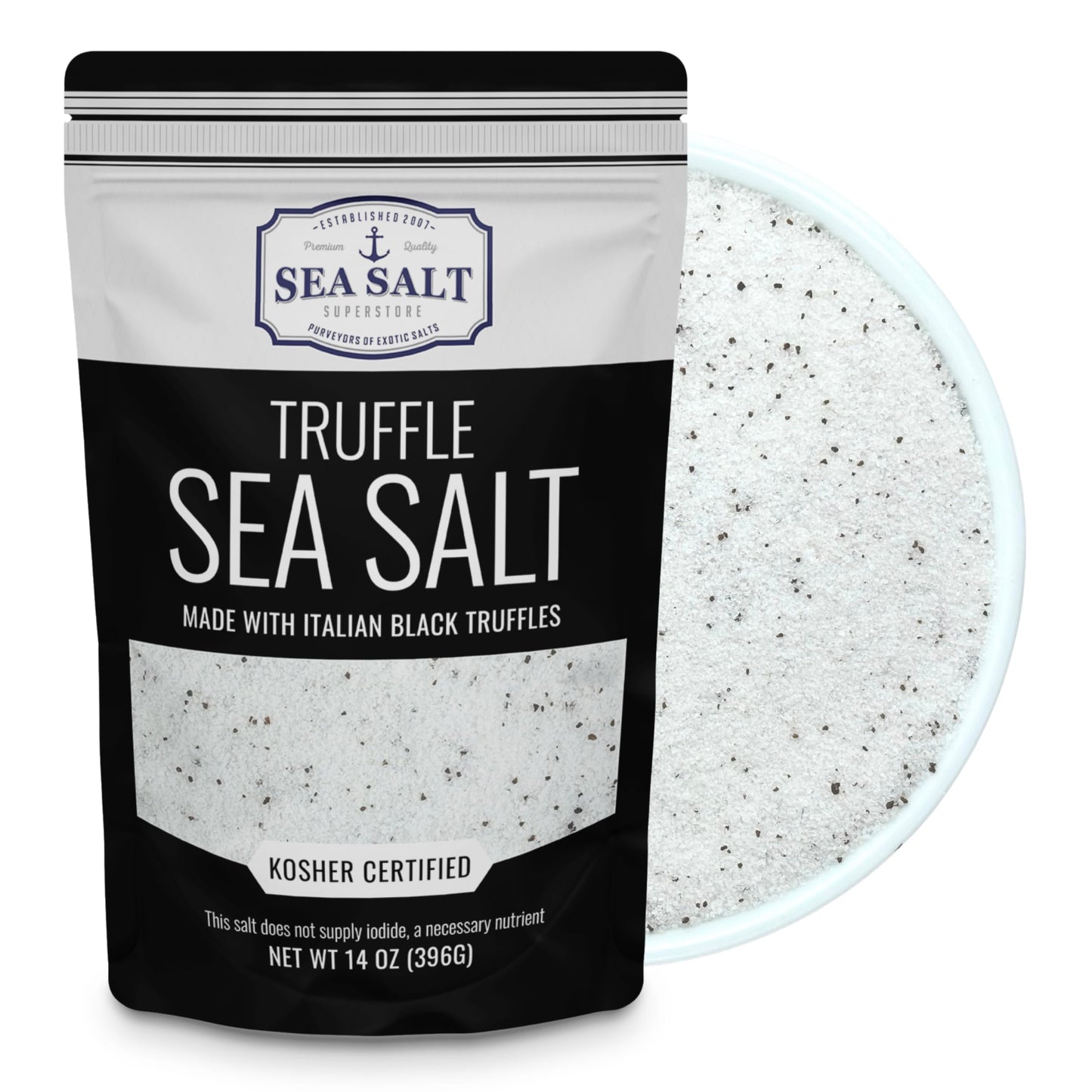 Italian Black Truffle Sea Salt  Natural Black for Soups and Sauces  Smooth & Rich Truffle Infused Gourmet Salt  14 oz Bag  Caravel Gourmet