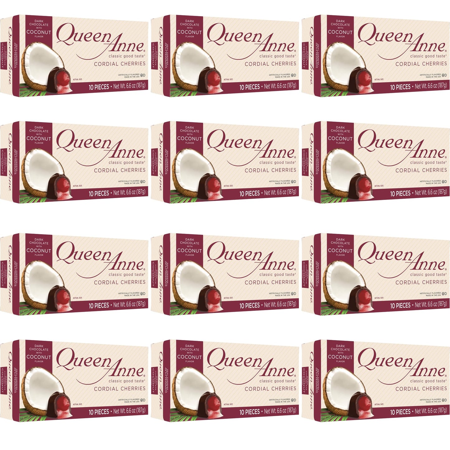 Queen Anne Dark Chocolate Coconut Covered Cordial Cherries | 6.6 oz (Pack of 12) | 10 Piece Gift Boxes | Whole Maraschino Cherry