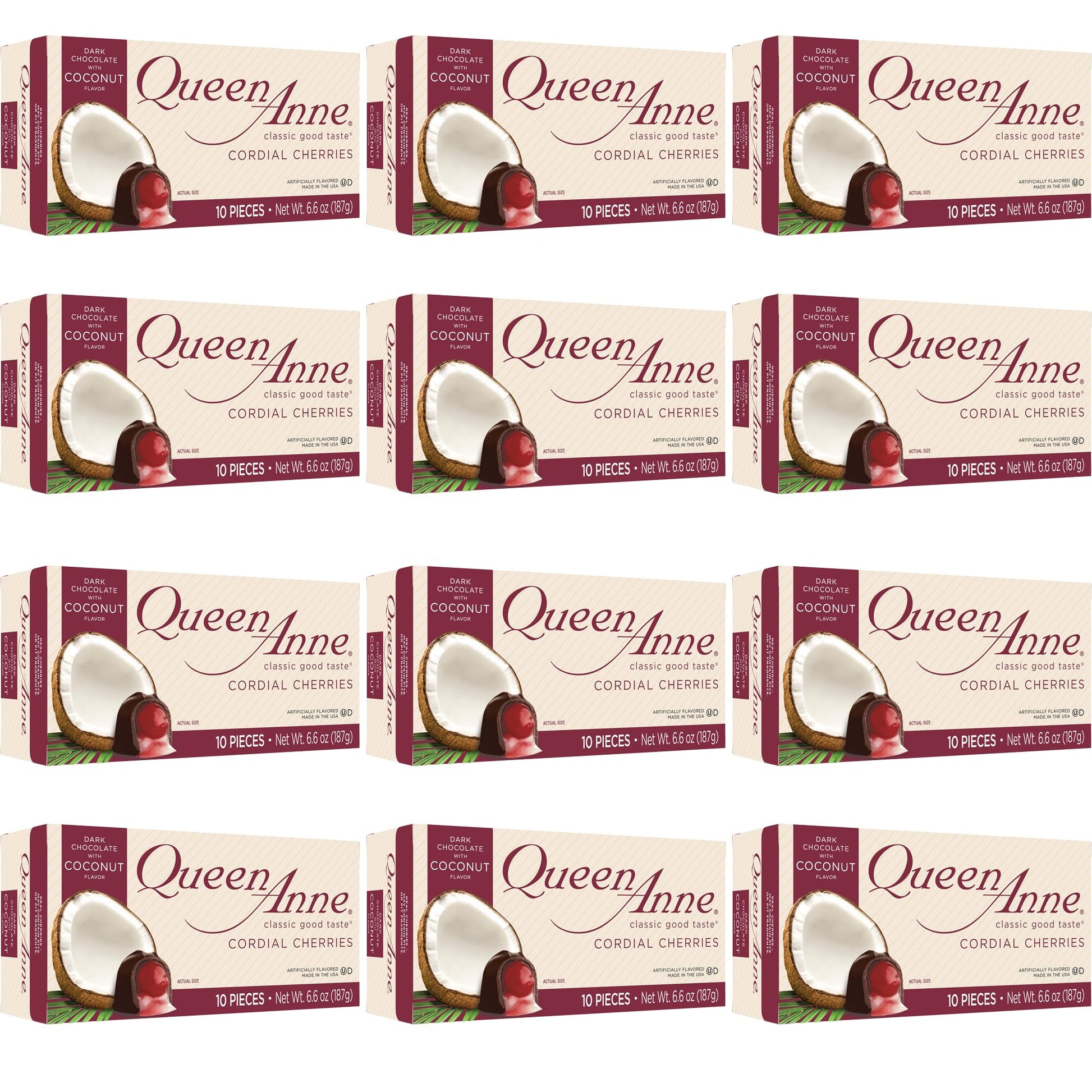 Queen Anne Dark Chocolate Coconut Covered Cordial Cherries | 6.6 oz (Pack of 12) | 10 Piece Gift Boxes | Whole Maraschino Cherry