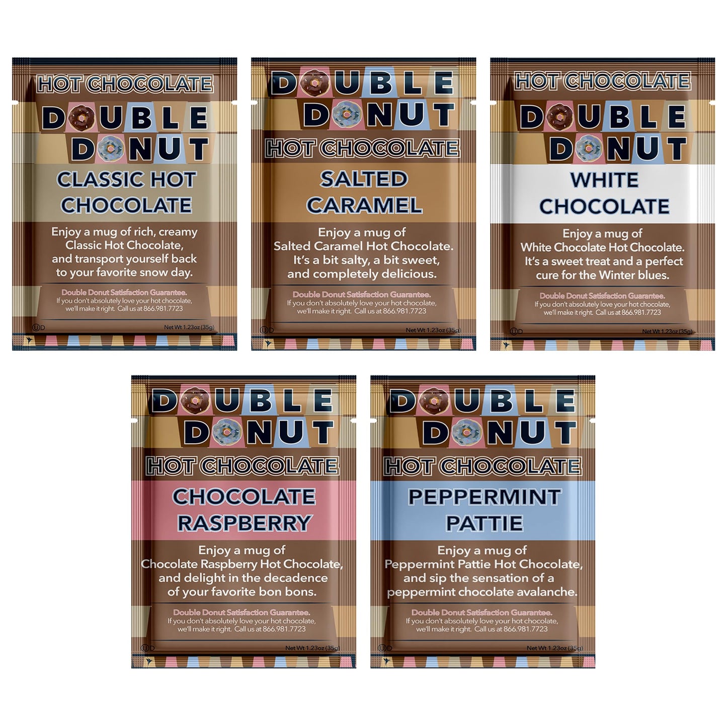 Double Donut Coffee Gourmet Hot Chocolate Variety Pack, 30 Count, Includes Classic, White Chocolate, Raspberry, Caramel, Pumpkin, Vanilla, Peppermint
