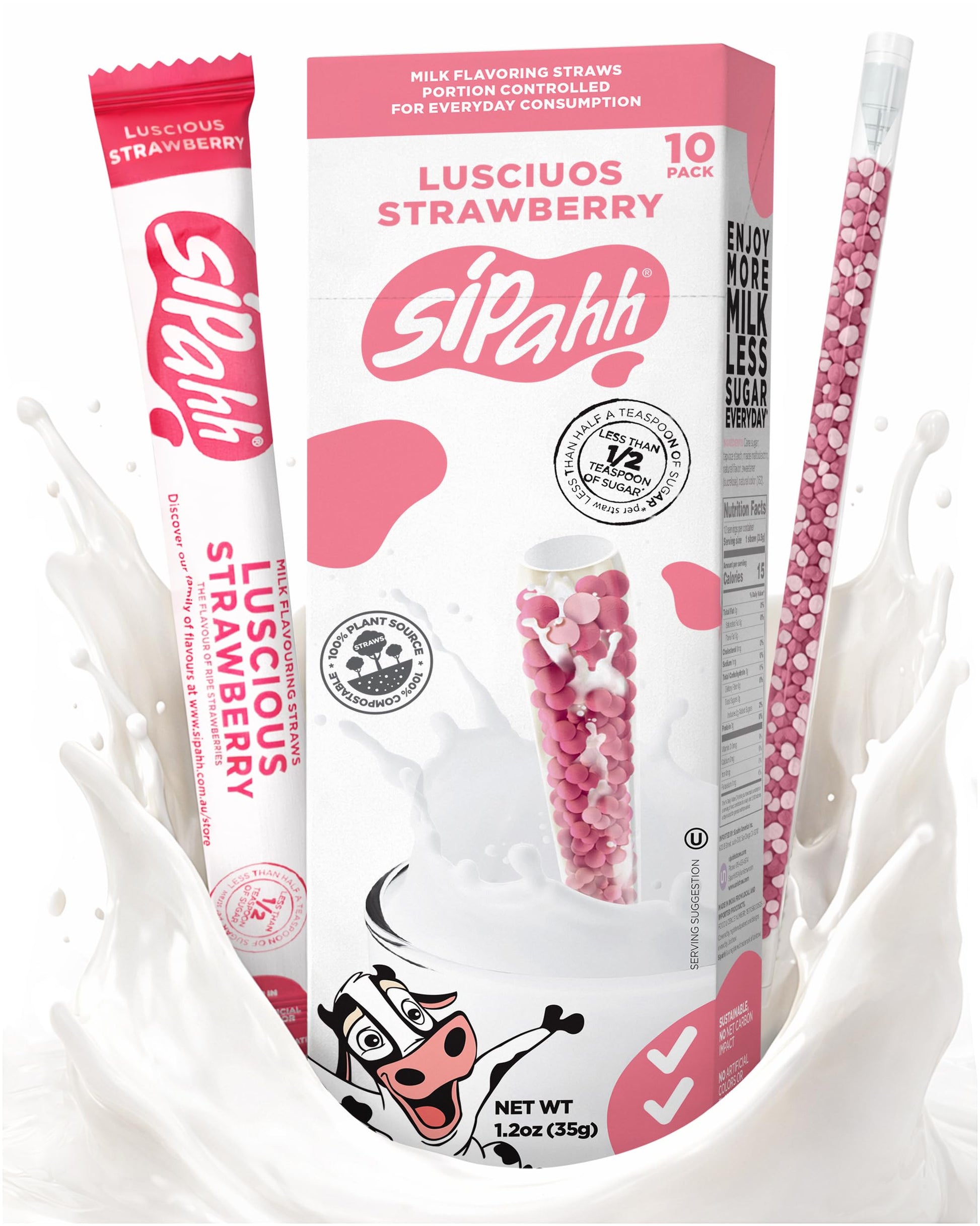 Sipahh Milk Flavoring Straws - Luscious Strawberry, 10 Pack - Vegan-Friendly Strawberry Milk Straws for Kids, Individually Wrapp