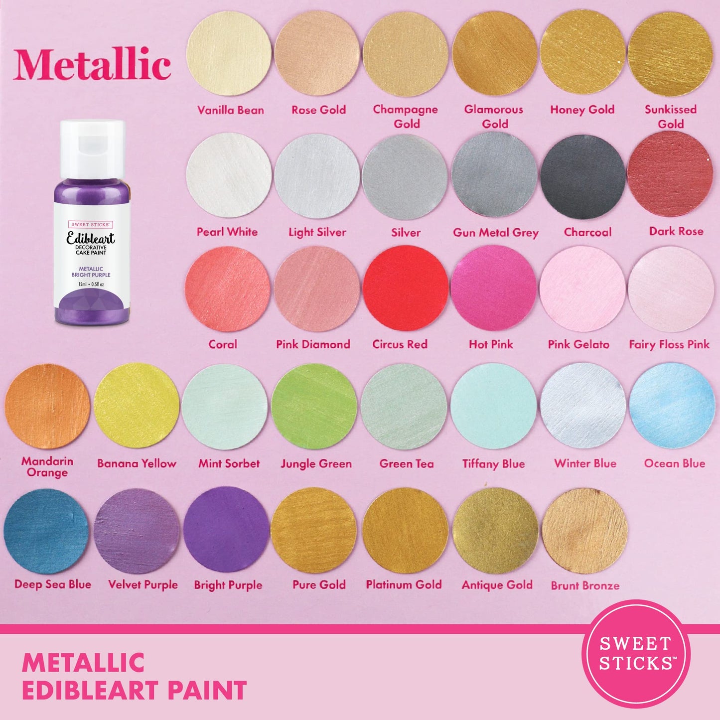 SWEET STICKS Edible Art Cake Paint - Metallic Bright Purple, 0.5 Fl Oz (15 mL)