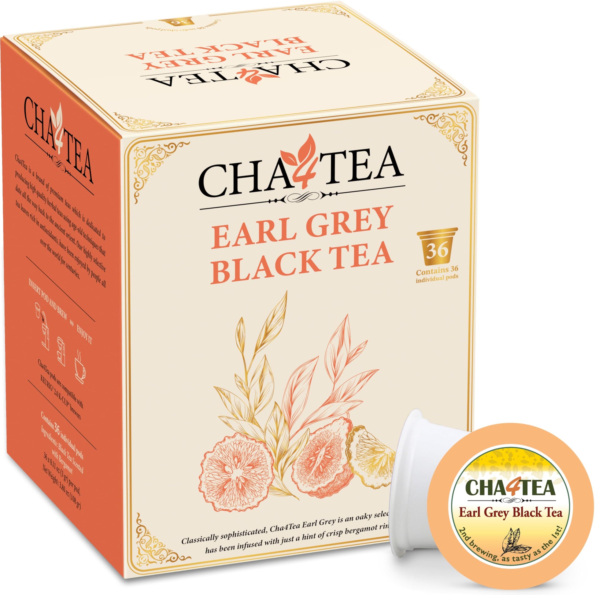 Cha4TEA Earl Grey Tea Pods - 36 Count, Compatible with Keurig K-Cup, Bold Black Tea with Bergamot Flavor