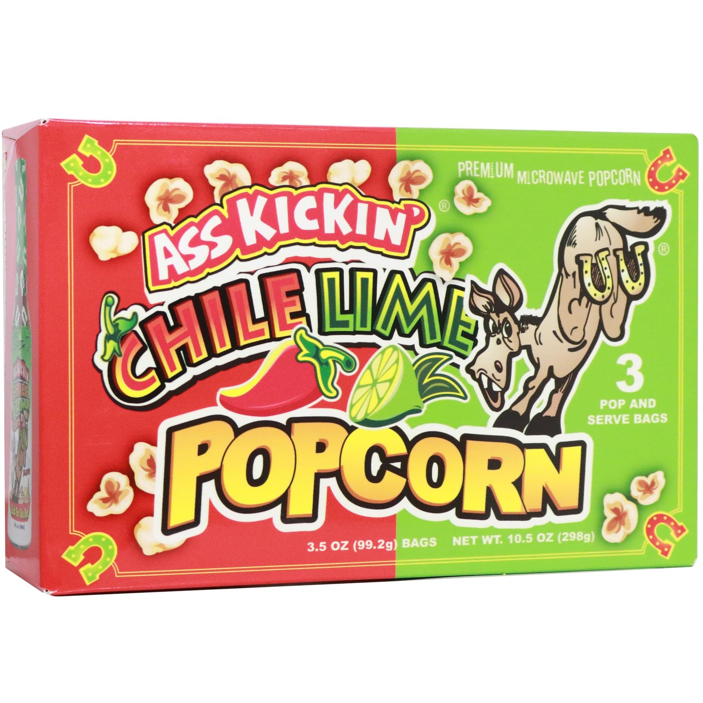 ASS KICKIN Chile Lime Microwave Popcorn - 3.5 oz Bags, 3 Pack - Spicy Gourmet Snack for Movie Night