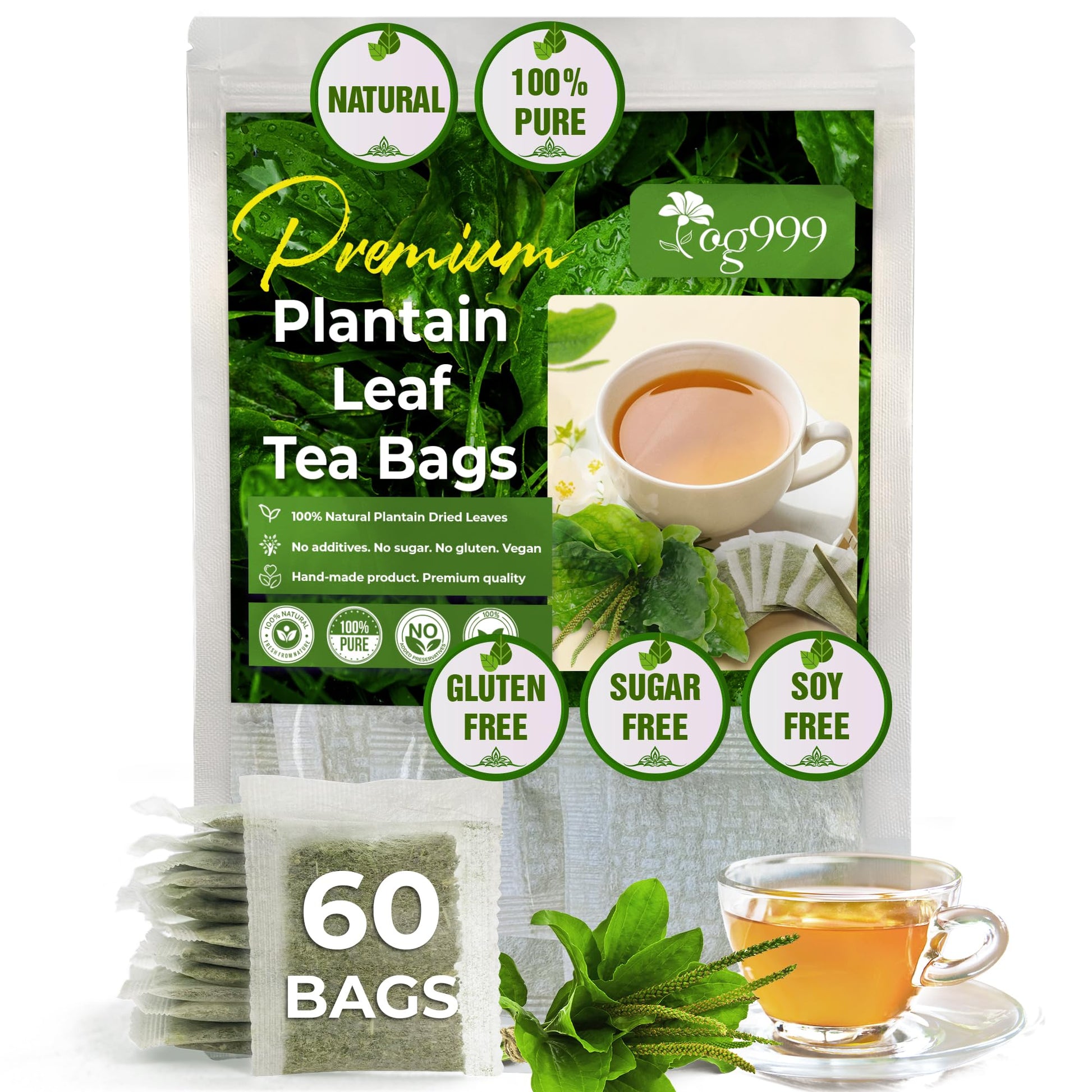 TOG999 Plantain Tea Bags, 100% Natural Loose Leaf Herbal Tea, 60 Bags, Vegan, No Sugar, No Caffeine, No Gluten