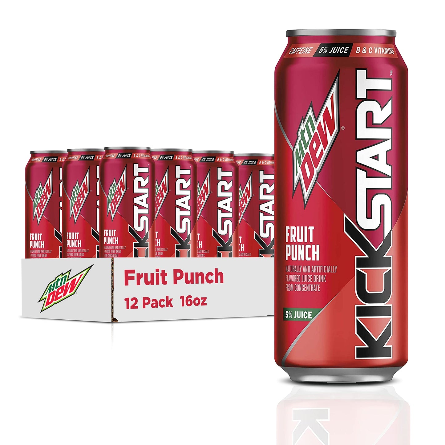 Mountain Dew Kickstart Fruit Punch, 16 Fl Oz (Pack of 12), 92mg Caffeine, 80 Calories, 5% Juice, Red