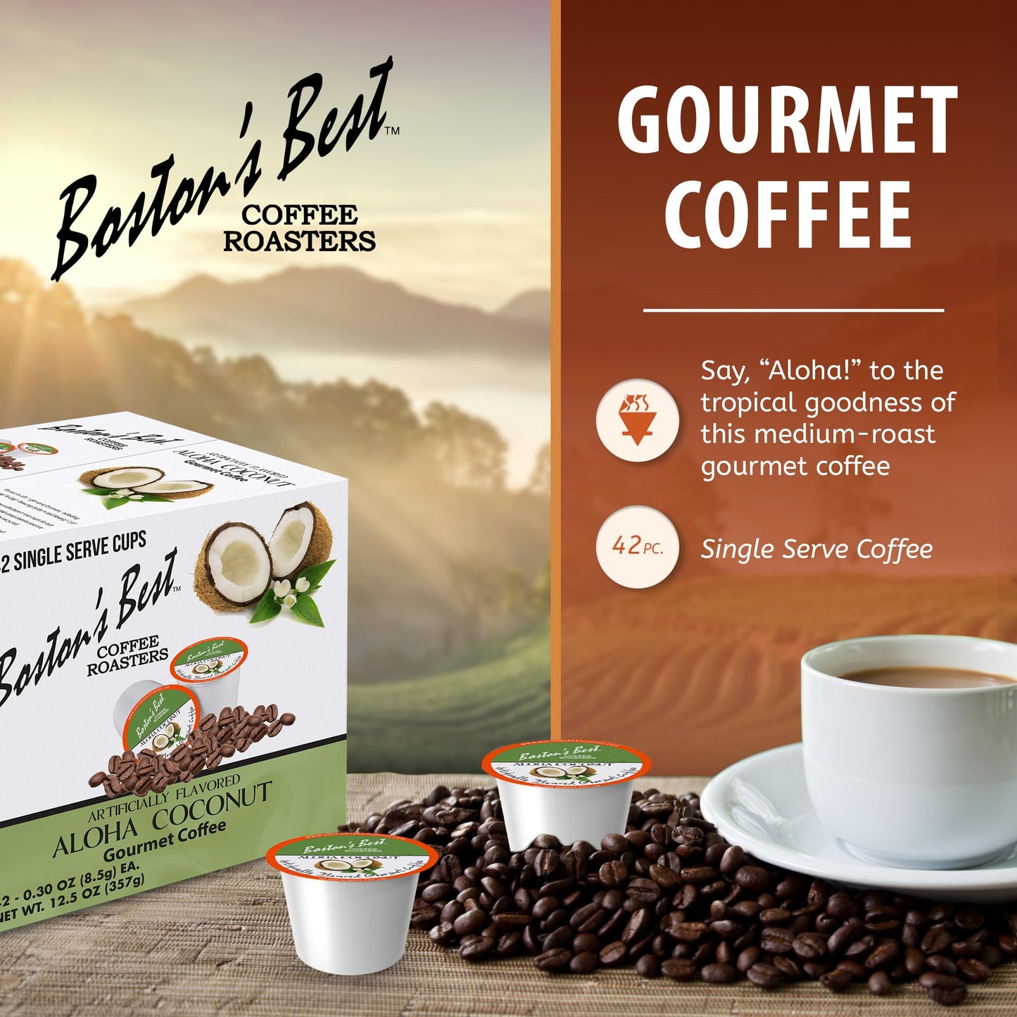 Bostons Best Gourmet Coffee - Aloha Coconut Flavor, Compatible with Keurig, 42 Single Serve Cups, Pack of 1