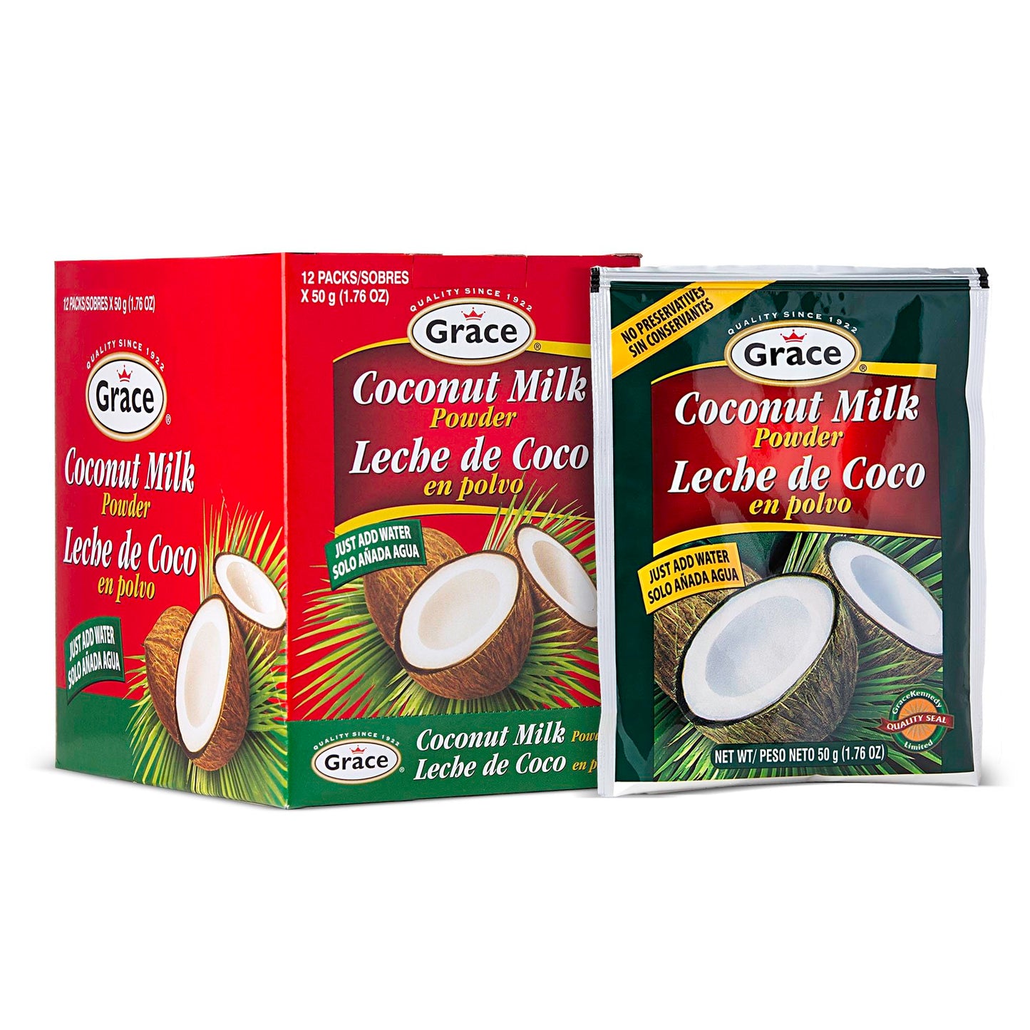 Grace Coconut Milk Powder 1.76oz - 12 Pack - Leche de Coco en Polvo - Caribbean Powdered Coconut Milk - No Preservatives, No Ref