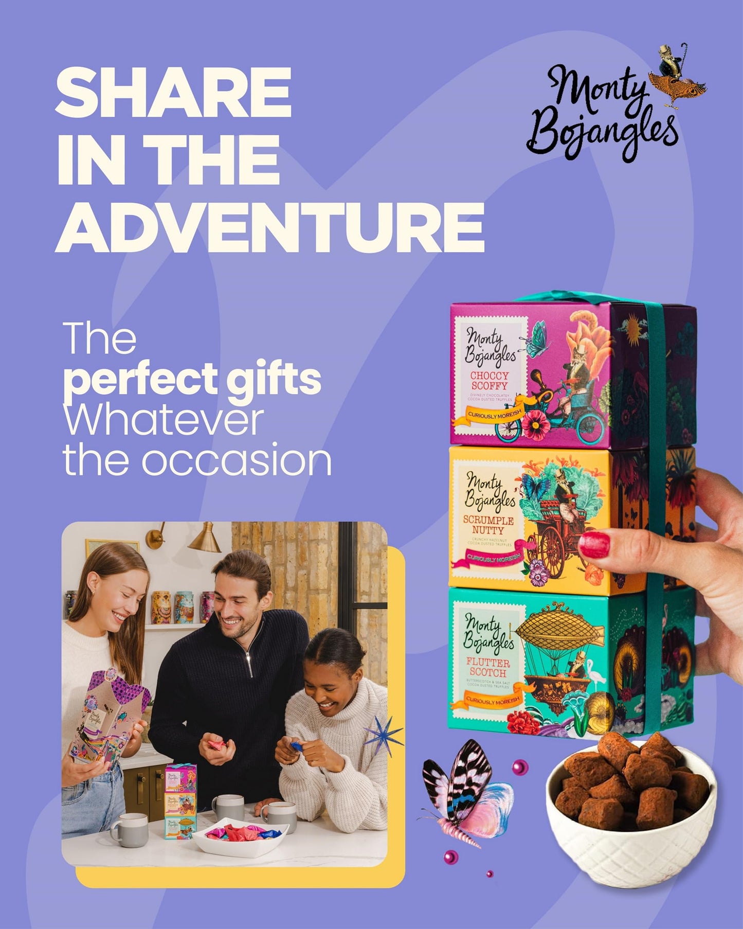Monty Bojangles Cocoa Dusted Truffles Gift Tower (3 X 3.5Oz Boxes) - 3 Flavors Of Luxury Chocolate Truffle - The Perfect Chocolate Gift Box S