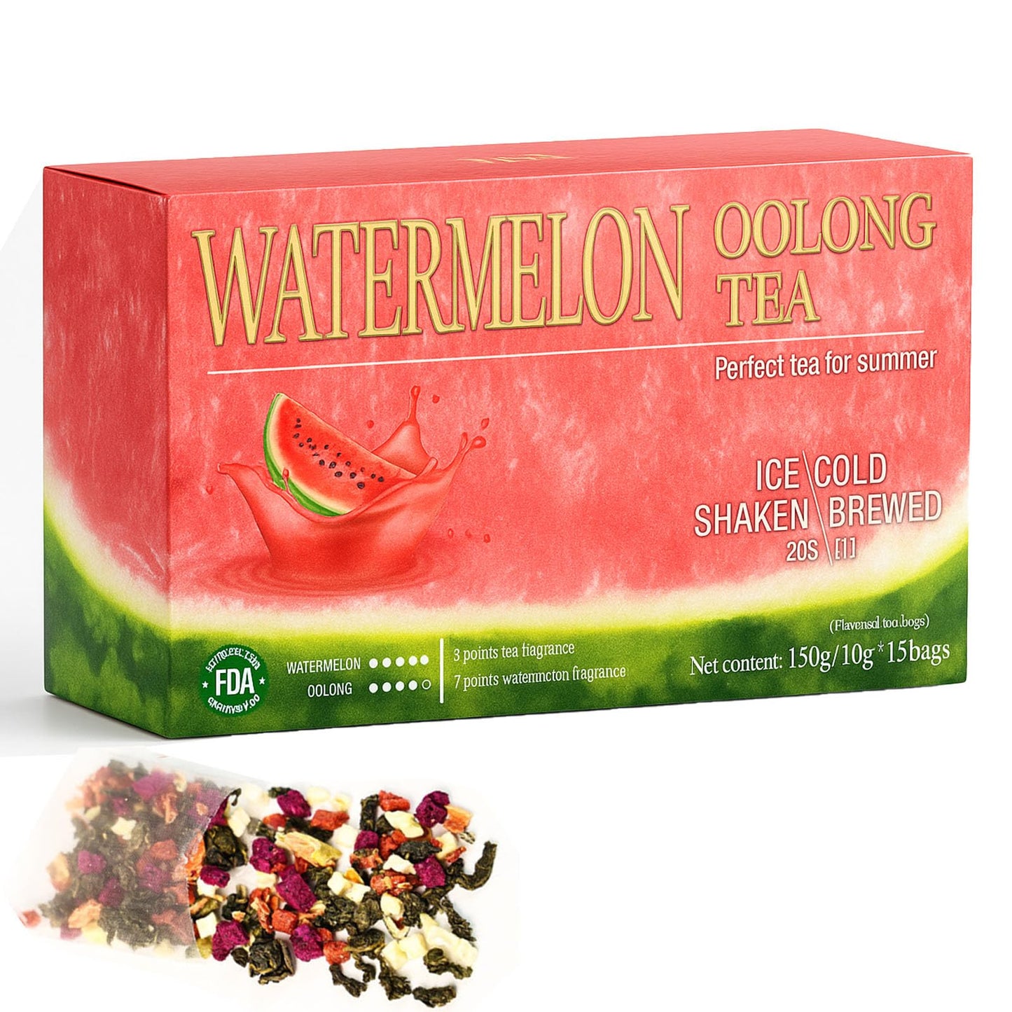 Watermelon Oolong Tea - Dragon Fruit, Apple, Strawberry And Oolong, Real Fruit Inside Beverage, Watermelon Iced Tea, Three Brewing Methods 150G*(10G*15Packs) (1)