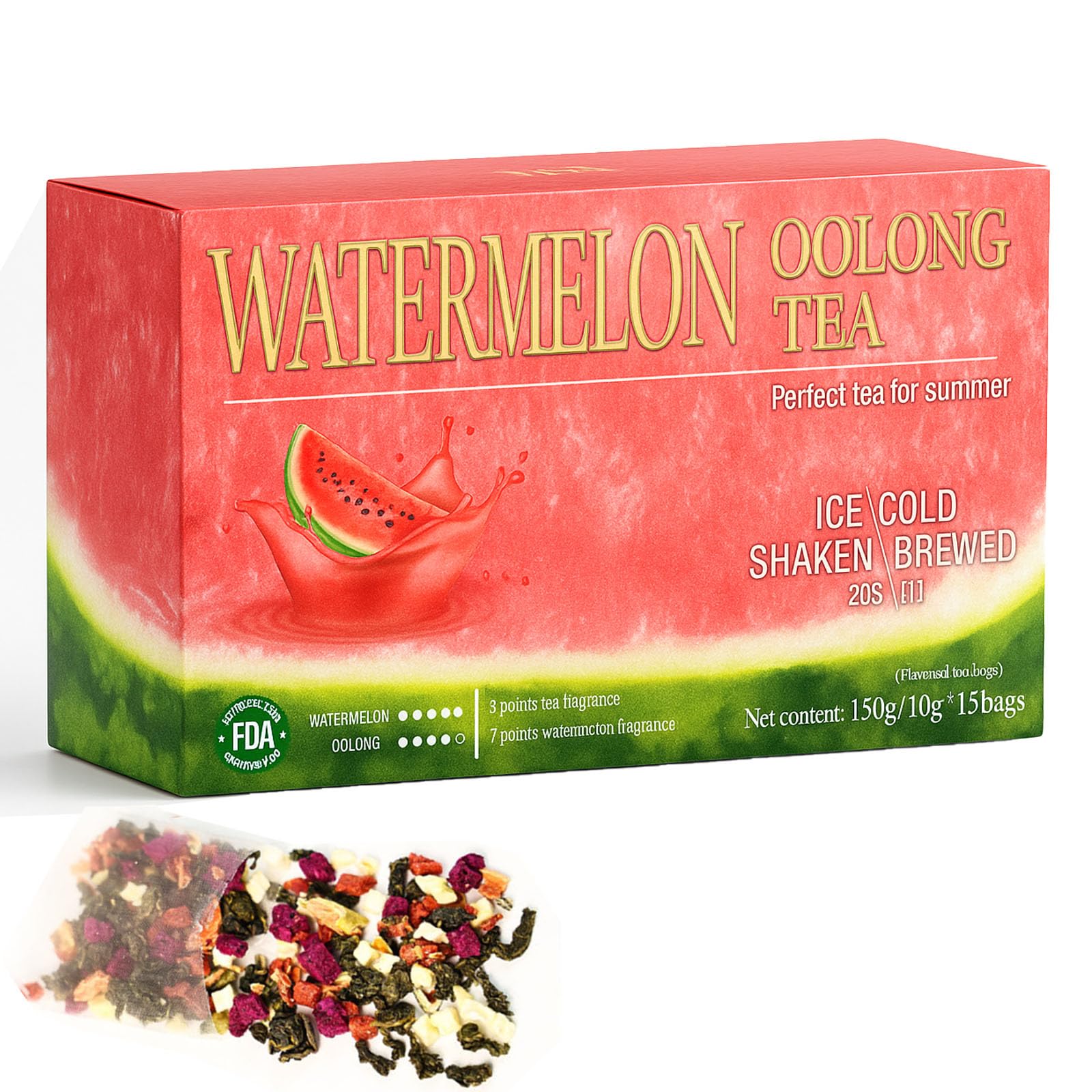 Watermelon Oolong Tea - Dragon Fruit, Apple, Strawberry And Oolong, Real Fruit Inside Beverage, Watermelon Iced Tea, Three Brewing Methods 150G*(10G*15Packs) (1)