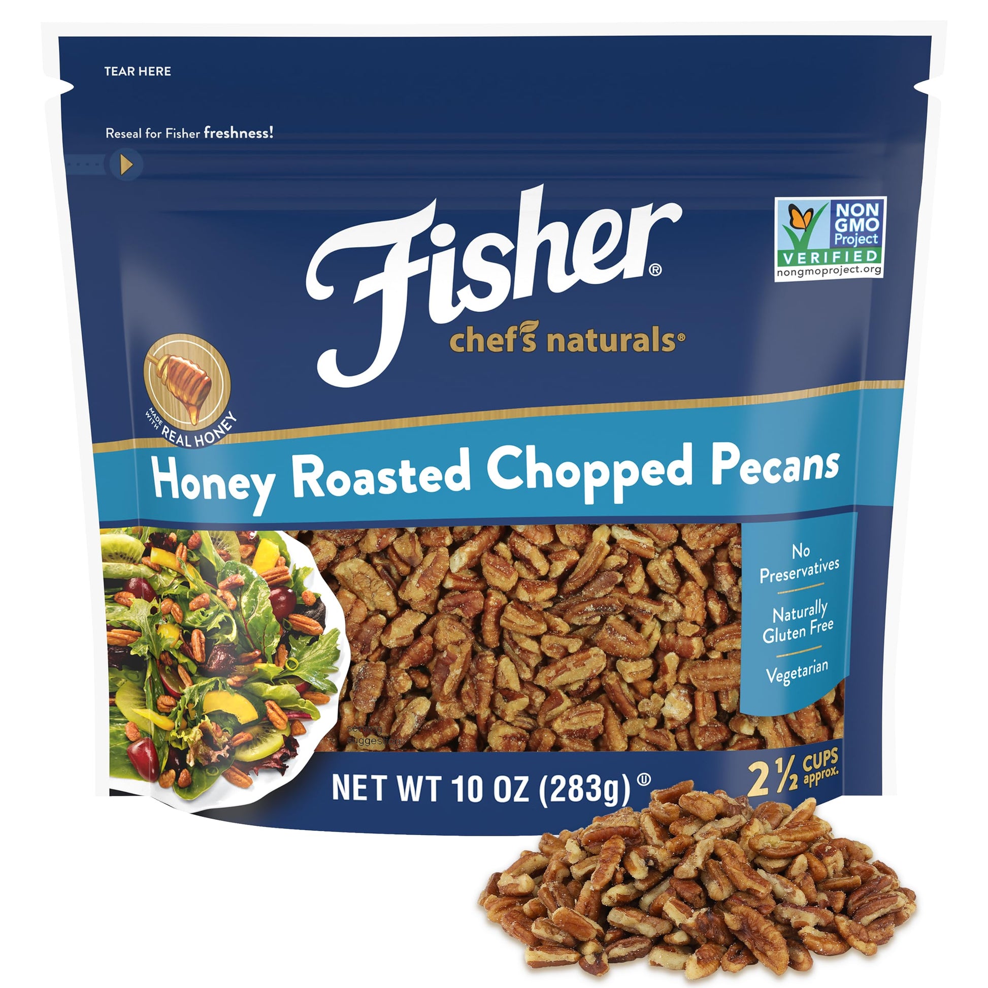 Fisher Honey Roasted Chopped Pecans, 10oz Resealable Bag, Unsalted, Vegan, Gluten Free, Keto Snack, Brown
