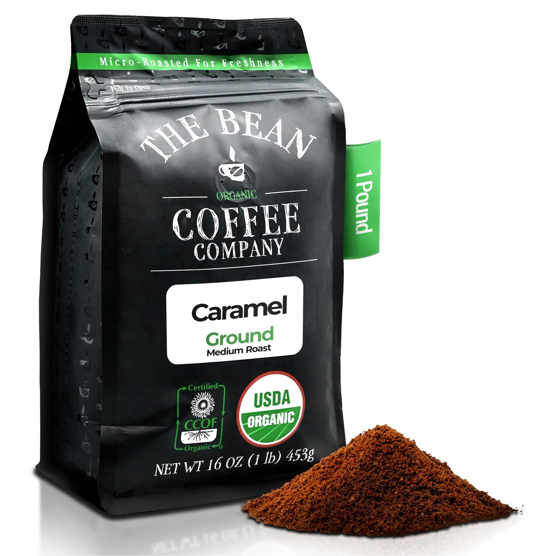 The Bean Organic Coffee Company Caramel, Medium Roast, Ground Coffee, 16-Ounce Bag, Caf   molido tostado org  nico