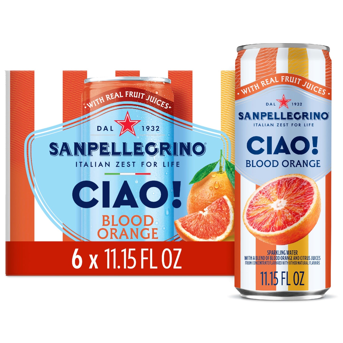 Sanpellegrino CIAO Blood Orange Sparkling Water, Low-Calorie Italian Sparkling Water with Real Fruit Juices, 0g Added Sugar, 6-P