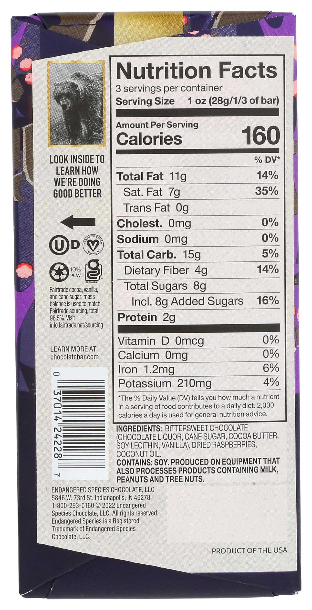 Endangered Species Chocolate Bar Grizzly Dark Raspberry, 3 oz