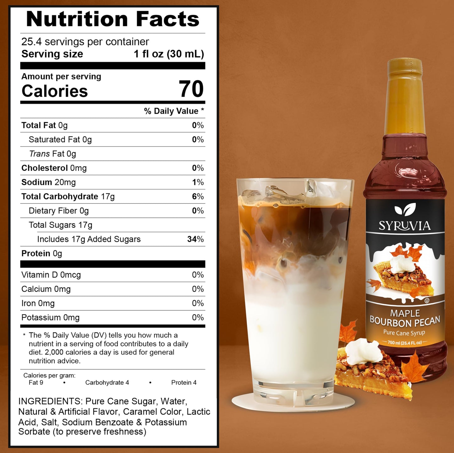 SYRUVIA Maple spirit-inspired flavor Pecan Syrup - 25.4 fl oz, Kosher, Gluten Free, Ideal for Coffee, Drinks, Desserts