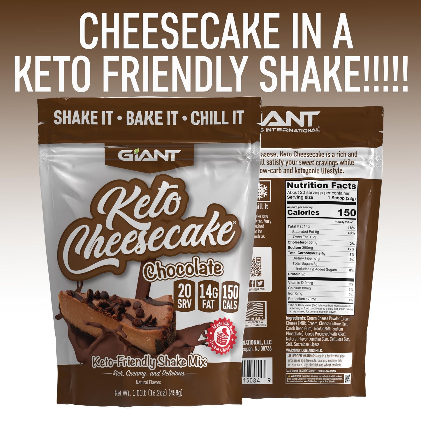 Giant Sports Keto Cheesecake Shake Mix - Delicious Low Carb, Ketogenic Diet Gluten Free Powder Mix - Works Great With Almond Mil
