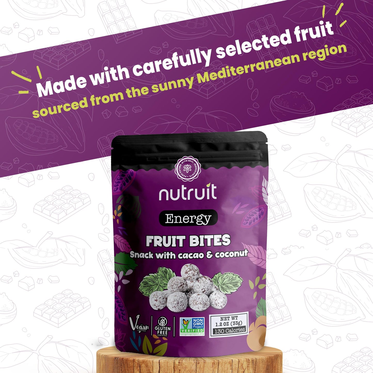 Nutruit Fruit Bites With Cacao & Coconut (Pack Of 20) Healthy Fruit Snack, No Added Sugar, Gourmet, Vegan, Gluten Free, Non Gmo,
