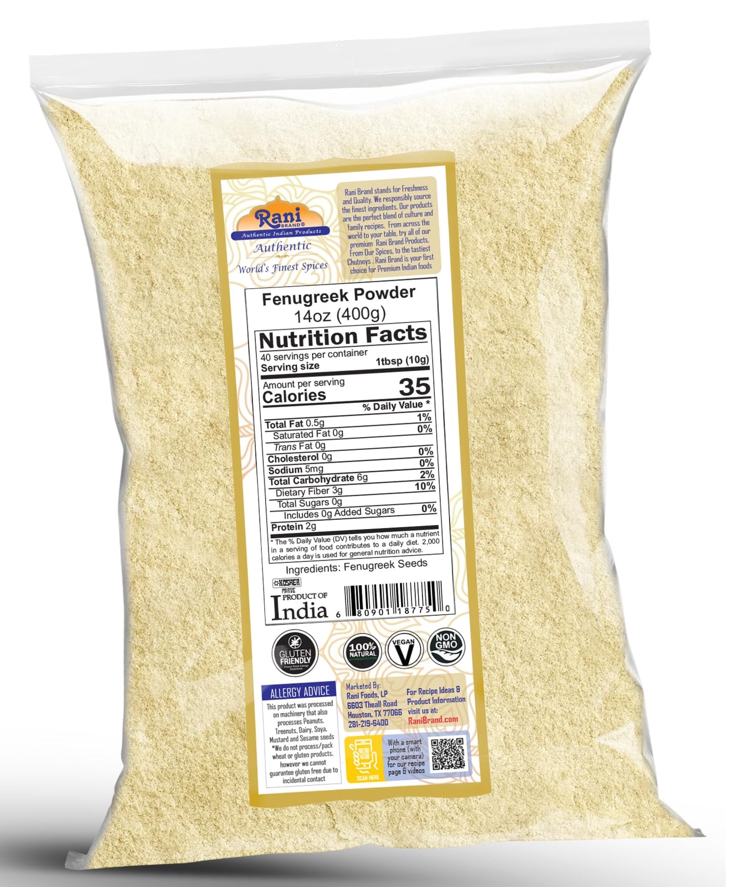 Rani Fenugreek (Methi) Seeds Ground Powder 14Oz (400G) Trigonella Foenum Graecum ~ All Natural | Vegan | Gluten Friendly | Non-Gmo | Kosher | Indian Origin, Used In Cooking & Ayurvedic Spice