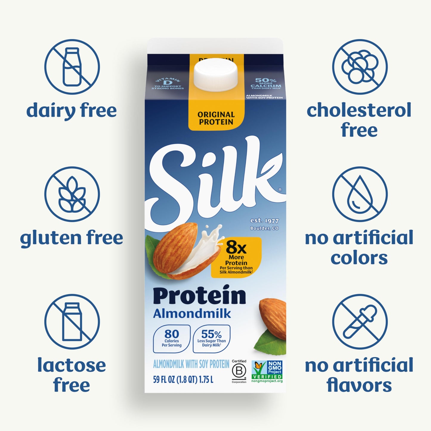 Silk Original Protein Almond Milk, Dairy Free, Gluten Free, Seriously Creamy Vegan Milk with 50% More Calcium than Dairy Milk, 5