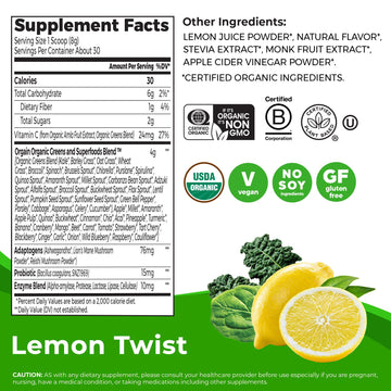 Orgain Supreme Greens Powder, 25 Organic Greens & 50 Superfoods, Vegan, 8.48 Oz, Gut Health & Immune Support, Lemon Twist Flavor