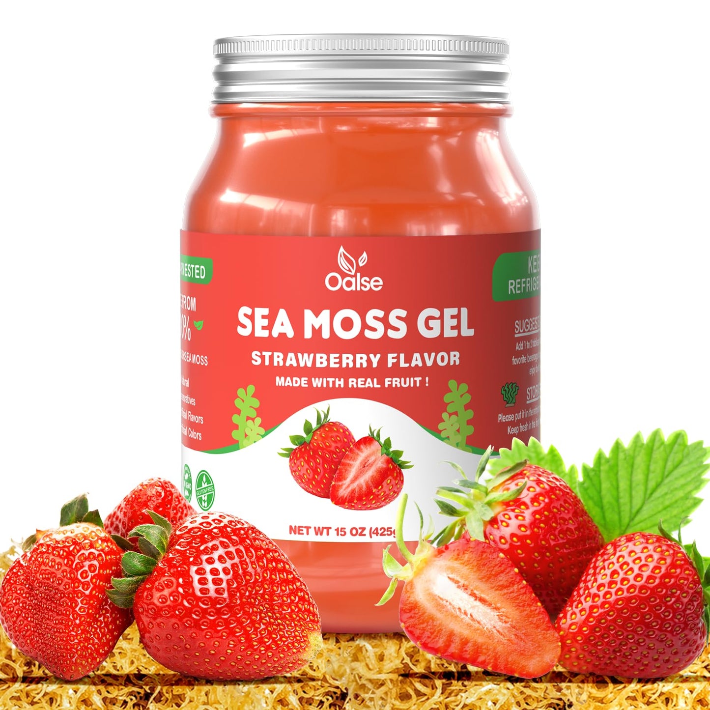 OALSE Sea Moss Gel - Natural Irish Seamoss Gel, 15 OZ, Non-GMO, Vegan, Gluten-Free, Strawberry