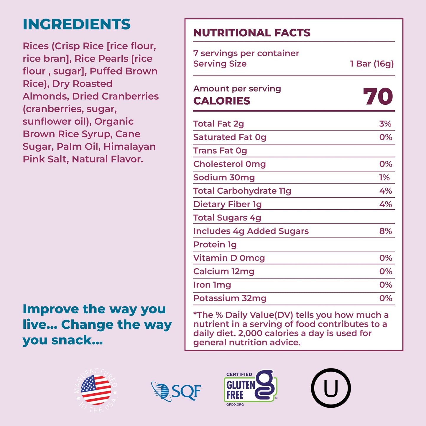 180 Snacks Skinny Rice Bar with Himalayan Salt, Cranberry & Almond, 3.22oz, 7 Count