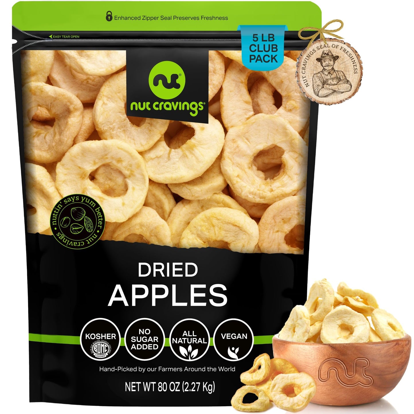 NUT CRAVINGS Dry Fruits - Dried Apple Rings Slices, No Sugar Added - Chewy Soft Texture (80oz - 5 LB) Packed Fresh in Resealable
