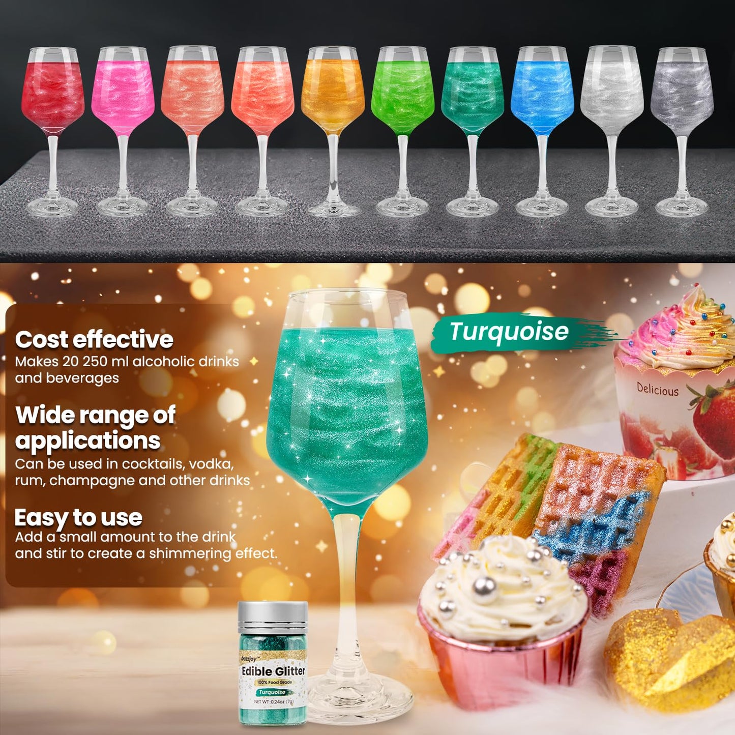 Dazzjoy Edible Glitter for Cake Decorating, 7g, Turquoise Green, Food Grade, Perfect for Drinks and Cupcakes