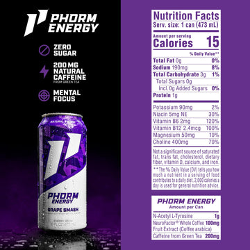 Phorm Energy Drink  G Smash Flavor  200 MG Natural Caffeine From Green Tea  Sugar Free Carbonated Drink With Electrolytes & Vitamin B12  Dairy & Gluten Free  Vegan  16 FL Oz Cans  12 Pack