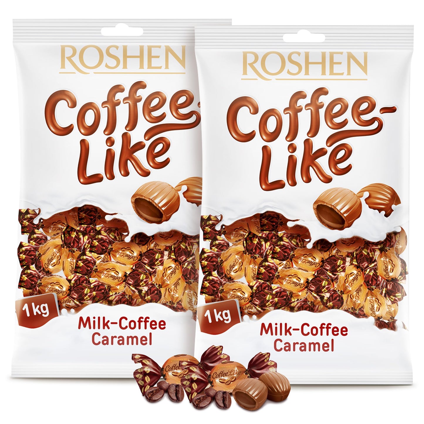 Roshen Coffeelike Caramel Candy  Coffee-Milky Filled  2.2 Lb (1Kg) Bulk Pack  Soft Caramel With Natural Coffee Extract  Smooth Shell & Creamy Dairy Filling  Individually Wrapped Candies  Kosher  Halal Pack Of 2