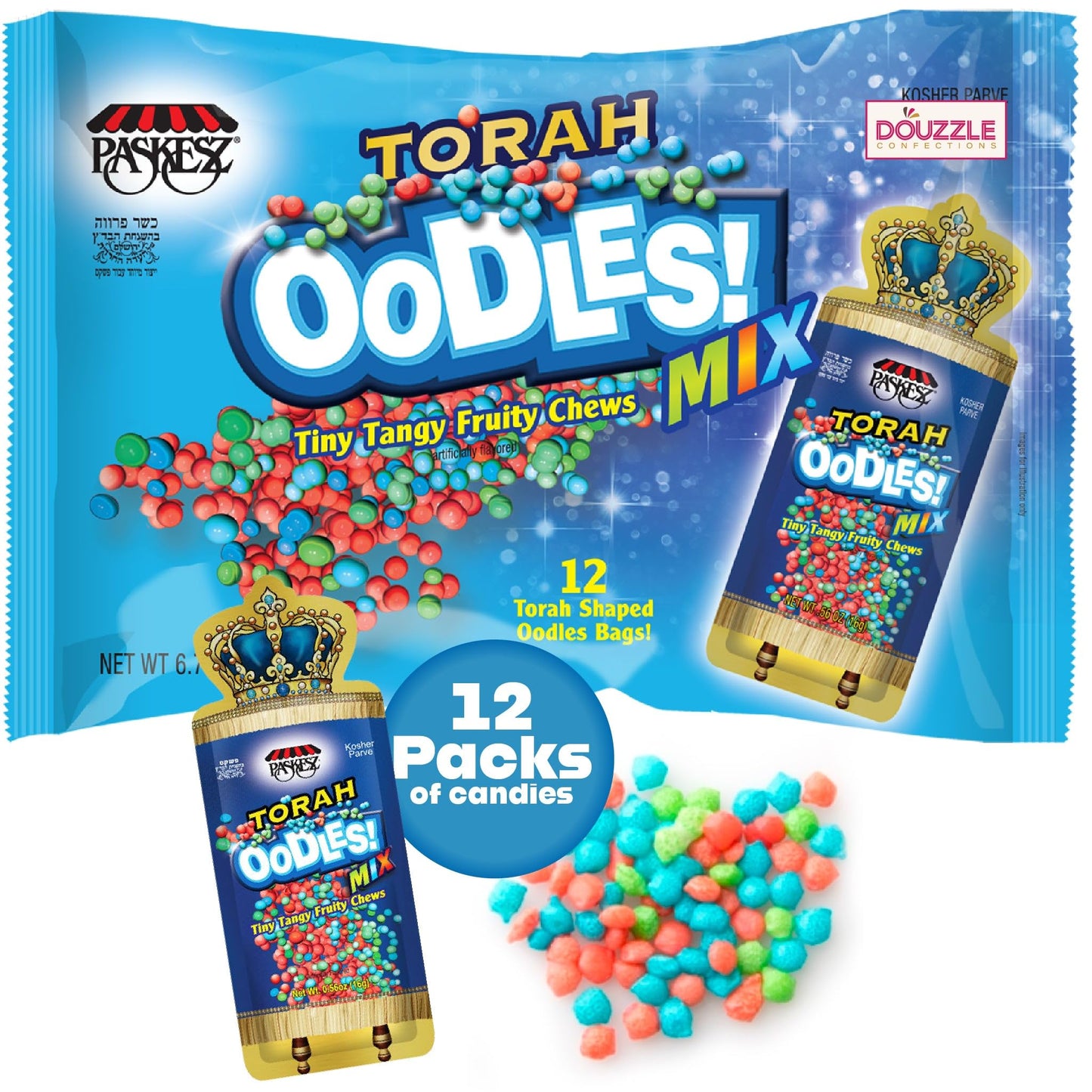 DOUzzle Back To School Oodles Torah Tiny Tangy Fruity Chews Mix (12 Count, 1 Pack) Individually Wrapped, Party Favor, Goodie Bag