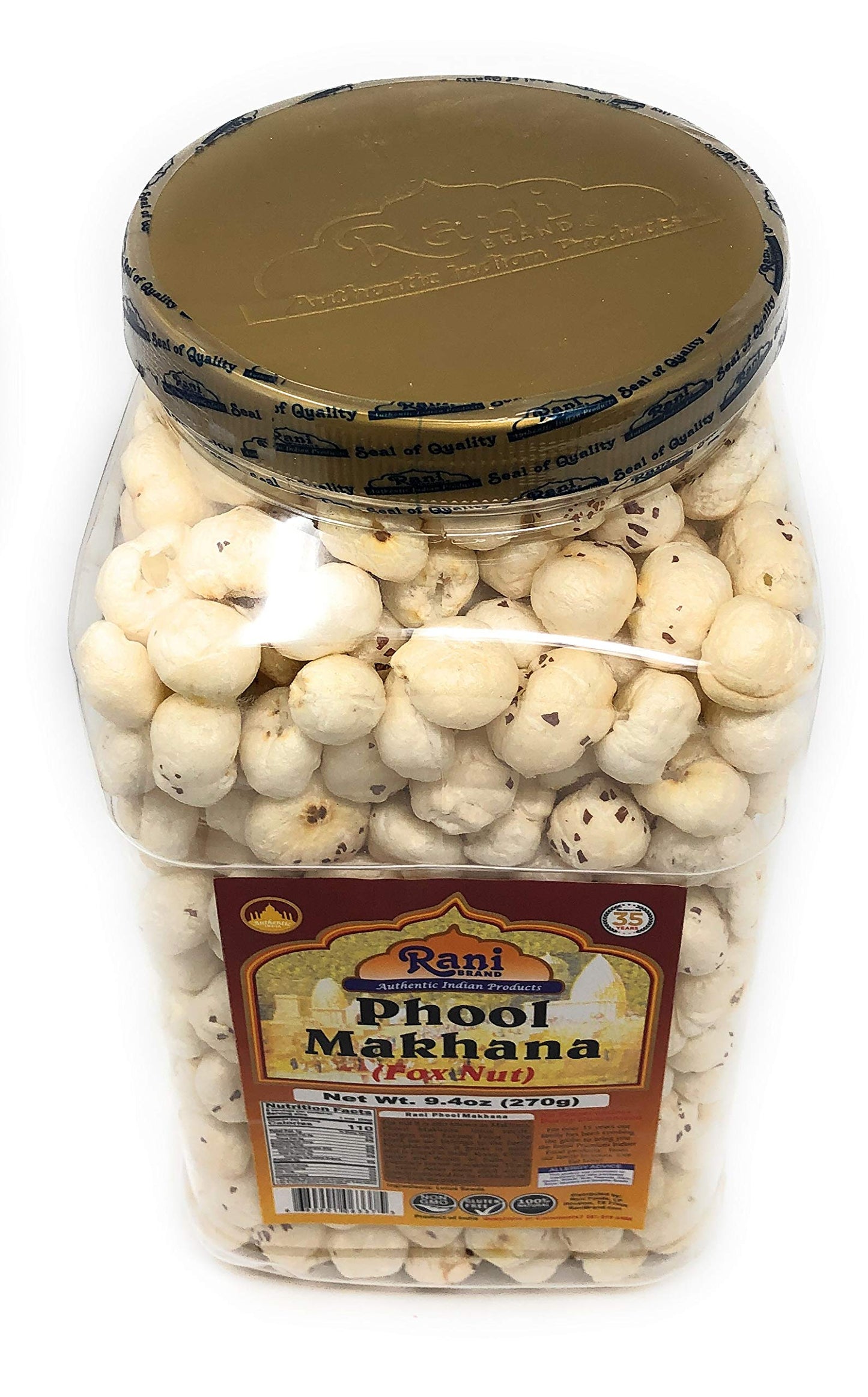 Rani Jumbo Phool Makhana, Plain Raw Fox Nut, 9.4oz (270g) PET Jar, Vegan, Non-GMO, Gluten Friendly, Indian Origin