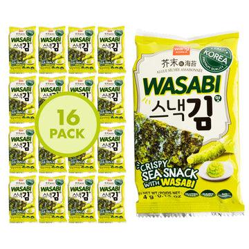 Wang Korean Roasted Seaweed Snack With Wasabi, Keto-Friendly, Vegan, Gluten-Free, Healthy Snack, Pack Of 16