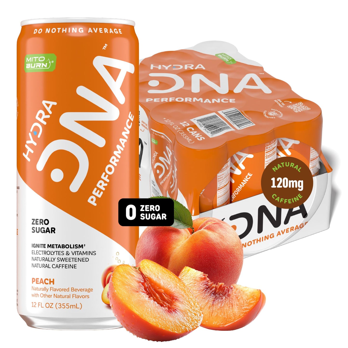 HYDRADNA Clean Performance Drink, Zero Sugar, 120 mg Organic Caffeine, 12 Fl Oz, Pack of 12, Peach Flavor